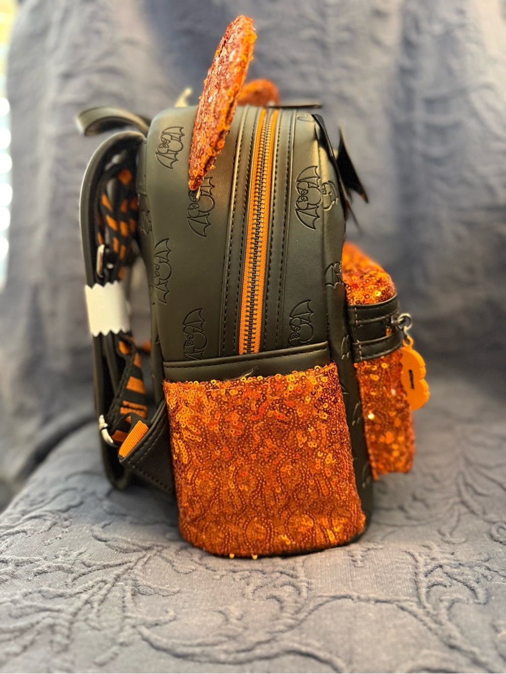 LOUNGEFLY Disney Orange Sequin Minnie Ear Backpack with Black Bow - Picture 4 of 6